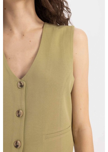 V Yaka Keten Karışımlı Blazer Yelek