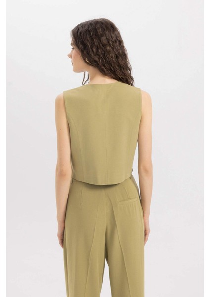 V Yaka Keten Karışımlı Blazer Yelek