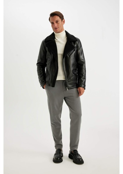 Su Geçirmez Slim Fit Dar Kesim Astarlı Fermuarlı Cepli Kürk Yakalı Suni Deri Ceket Mont A4392AX24WN