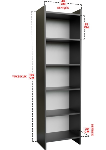 5 Raflı Beyaz Kitaplık Ofis Evrak Çok Amaçlı Kitaplığı Antrasit fırsatları
