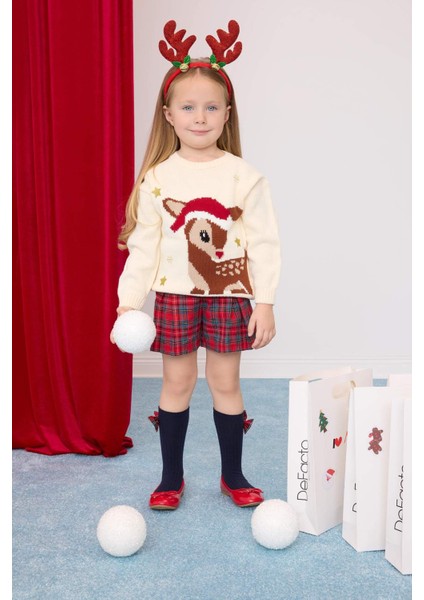 Kız Bebek Bisiklet Yaka Yılbaşı Temalı Triko Kazak C8418A524WN