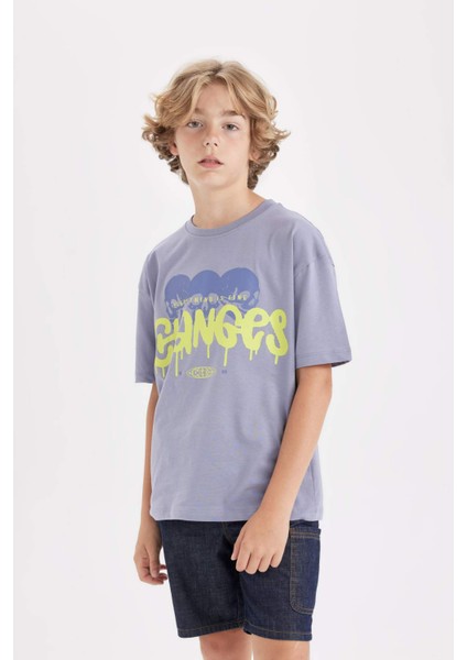 Erkek Çocuk Oversize Geniş Kalıp Bisiklet Yaka Baskılı Kısa Kollu Tişört