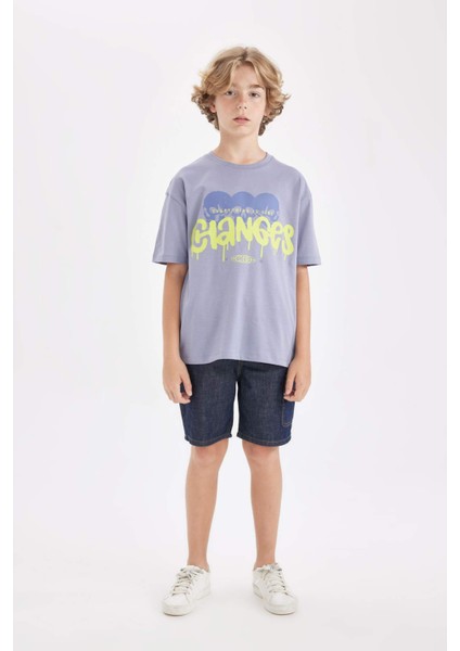 Erkek Çocuk Oversize Geniş Kalıp Bisiklet Yaka Baskılı Kısa Kollu Tişört