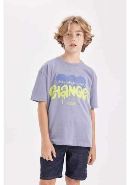 Erkek Çocuk Oversize Geniş Kalıp Bisiklet Yaka Baskılı Kısa Kollu Tişört