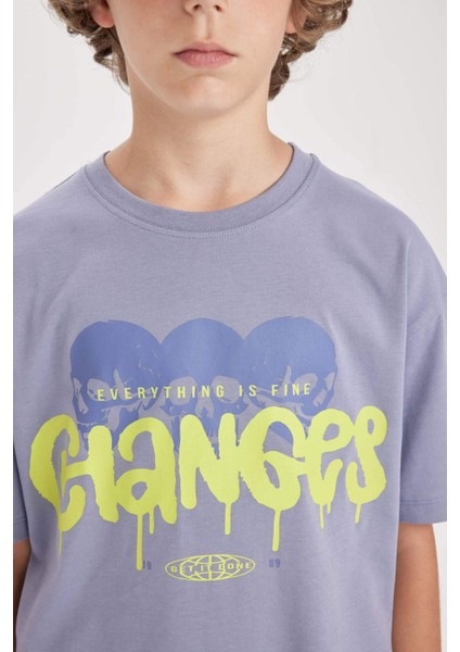 Erkek Çocuk Oversize Geniş Kalıp Bisiklet Yaka Baskılı Kısa Kollu Tişört