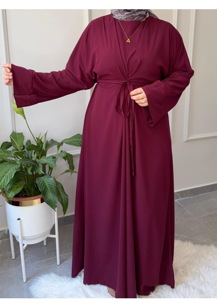 Medine Ipeği Bel Bağlamalı Tesettür Model Büyük Beden Uyumlu Abaya Kollu Fadime Model Elbise