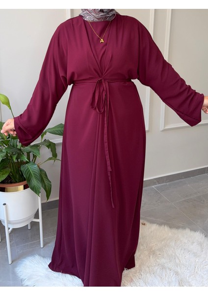 Medine Ipeği Bel Bağlamalı Tesettür Model Büyük Beden Uyumlu Abaya Kollu Fadime Model Elbise modelleri