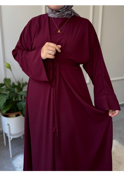 Medine Ipeği Bel Bağlamalı Tesettür Model Büyük Beden Uyumlu Abaya Kollu Fadime Model Elbise fırsatları