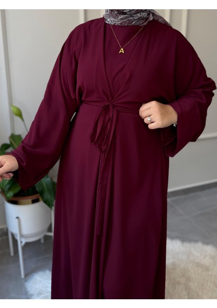 Medine Ipeği Bel Bağlamalı Tesettür Model Büyük Beden Uyumlu Abaya Kollu Fadime Model Elbise indirimleri