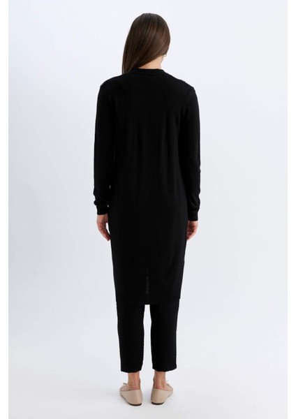 Regular Fit V Yaka Basic Düz Cepli Uzun Siyah Triko Hırka G5685AZ24AU