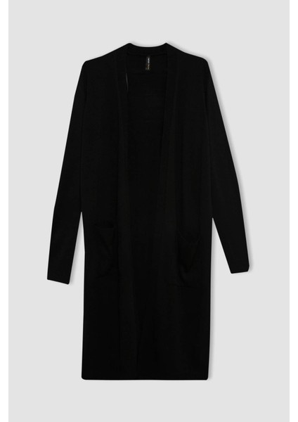 Regular Fit V Yaka Basic Düz Cepli Uzun Siyah Triko Hırka G5685AZ24AU