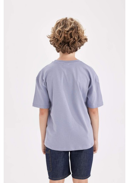 Erkek Çocuk Oversize Geniş Kalıp Bisiklet Yaka Baskılı Kısa Kollu Tişört