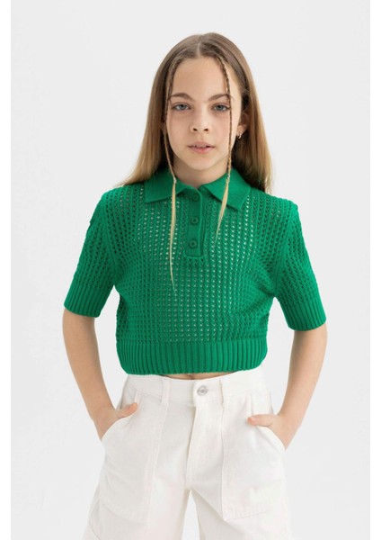 Kız Çocuk Crop Polo Yaka Triko Kazak C5369A824SM