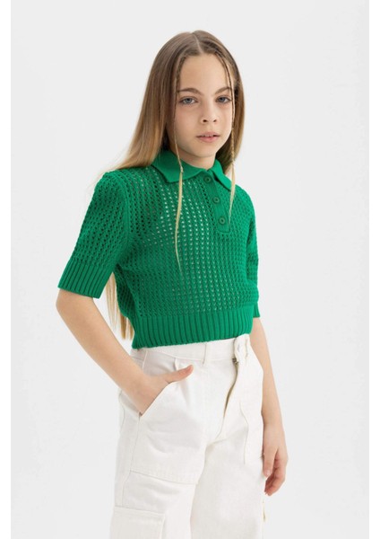 Kız Çocuk Crop Polo Yaka Triko Kazak C5369A824SM