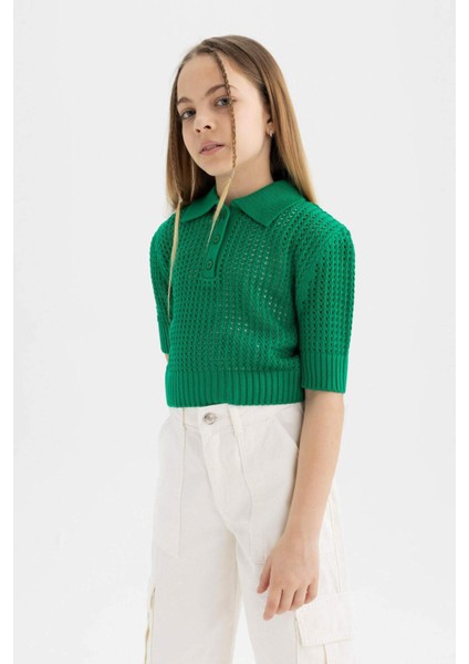Kız Çocuk Crop Polo Yaka Triko Kazak C5369A824SM