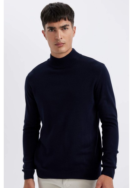 Lacivert Slim Fit Dar Kesim Yarım Balıkçı Yaka Basic Düz Triko Kazak R1127AZ24WN