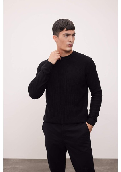 Siyah Standart Fit Normal Kesim Pamuklu Bisiklet Yaka Triko Kazak A5181AX24AU