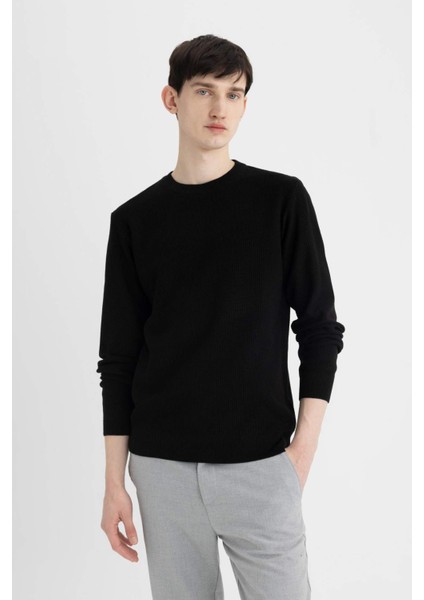 Siyah Standart Fit Normal Kesim Pamuklu Bisiklet Yaka Triko Kazak A5181AX24AU