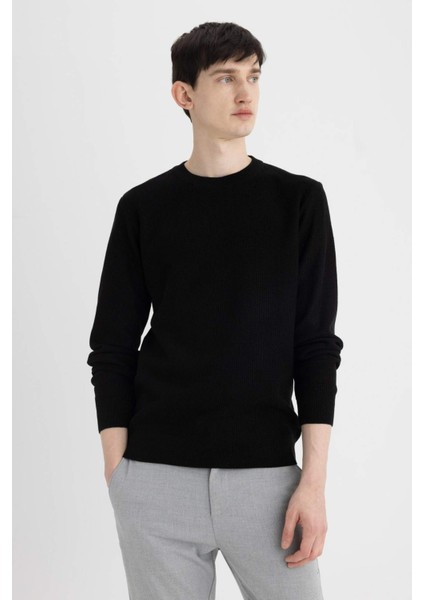 Siyah Standart Fit Normal Kesim Pamuklu Bisiklet Yaka Triko Kazak A5181AX24AU