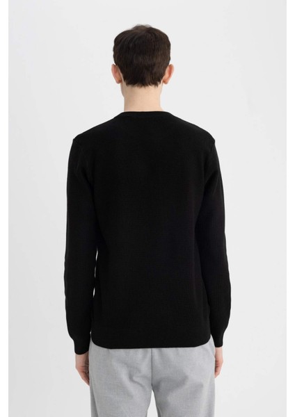 Siyah Standart Fit Normal Kesim Pamuklu Bisiklet Yaka Triko Kazak A5181AX24AU