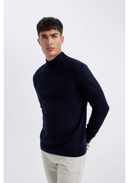 Lacivert Slim Fit Dar Kesim Yarım Balıkçı Yaka Basic Düz Triko Kazak R1127AZ24WN