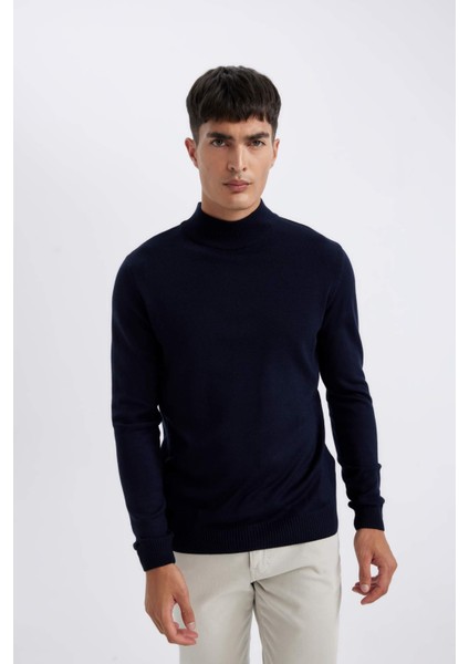 Lacivert Slim Fit Dar Kesim Yarım Balıkçı Yaka Basic Düz Triko Kazak R1127AZ24WN