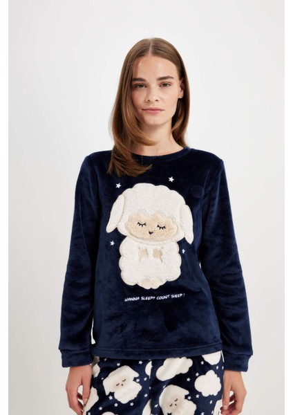 Fall in Love Pijama Takım Welsoft Pelüş Bisiklet Yaka Baskılı Uzun Kollu Üst Desenli Beli Lastikli Alt A3352AX24AU