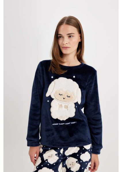 Fall in Love Pijama Takım Welsoft Pelüş Bisiklet Yaka Baskılı Uzun Kollu Üst Desenli Beli Lastikli Alt A3352AX24AU