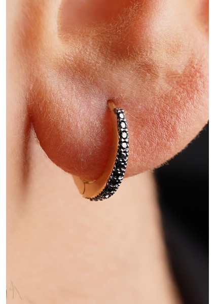 14 Ayar Altın Siyah Taşlı Süzme Erkek Halka Küpe