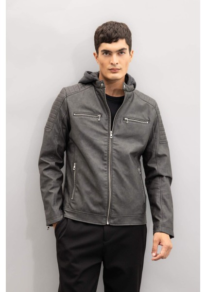 Su İtici Slim Fit Dar Kesim Çıkarılabilir Kapüşonlu Fermuarlı Cepli Suni Deri Ceket Mont R2523AZ24WN