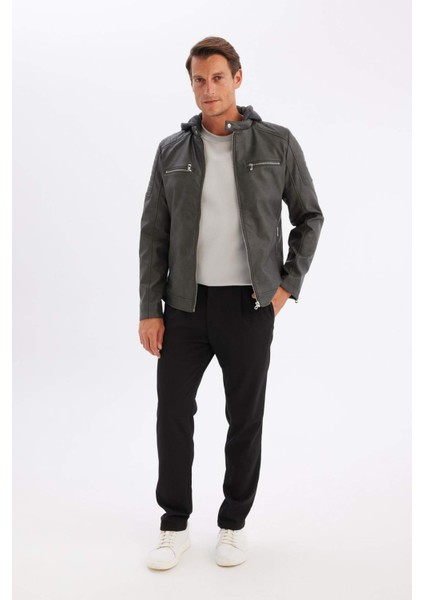 Su İtici Slim Fit Dar Kesim Çıkarılabilir Kapüşonlu Fermuarlı Cepli Suni Deri Ceket Mont R2523AZ24WN