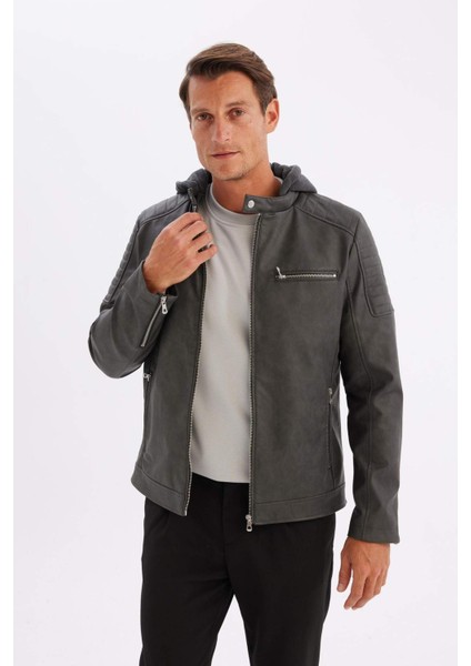 Su İtici Slim Fit Dar Kesim Çıkarılabilir Kapüşonlu Fermuarlı Cepli Suni Deri Ceket Mont R2523AZ24WN