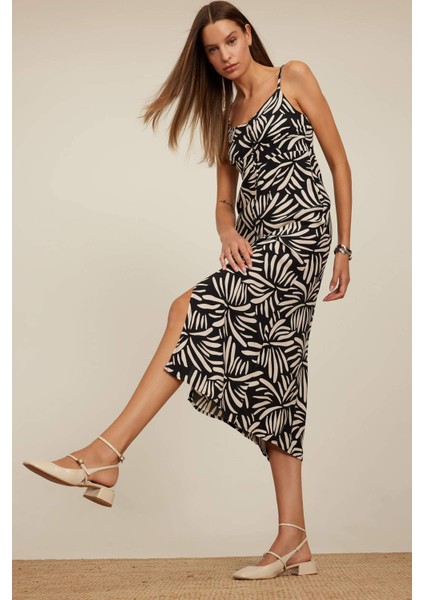 V Yaka Tropikal Desenli Maroken Askılı Maxi Elbise A9178AX24SM