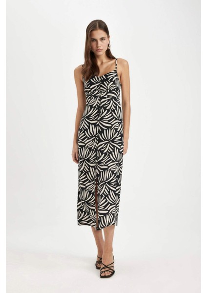 V Yaka Tropikal Desenli Maroken Askılı Maxi Elbise A9178AX24SM