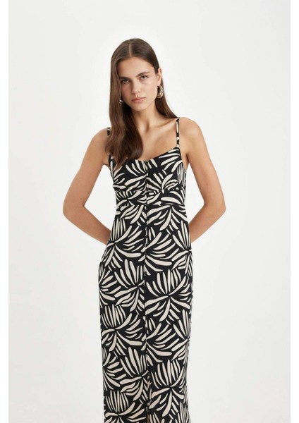 V Yaka Tropikal Desenli Maroken Askılı Maxi Elbise A9178AX24SM