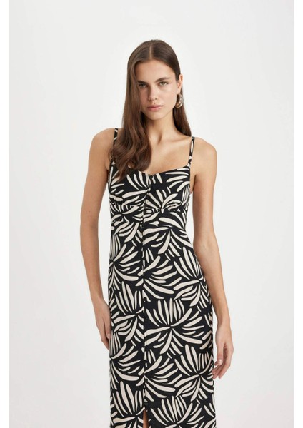 V Yaka Tropikal Desenli Maroken Askılı Maxi Elbise A9178AX24SM