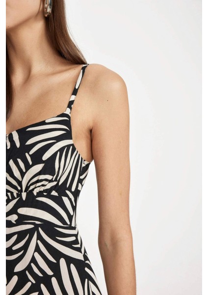 V Yaka Tropikal Desenli Maroken Askılı Maxi Elbise A9178AX24SM