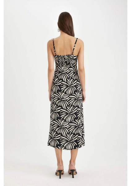 V Yaka Tropikal Desenli Maroken Askılı Maxi Elbise A9178AX24SM