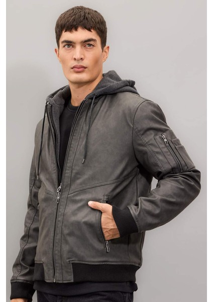 Su Geçirmez Slim Fit Dar Kesim Çıkarılabilir Kapüşonlu Fermuarlı Cepli Suni Deri Mont N9682AZ24WN