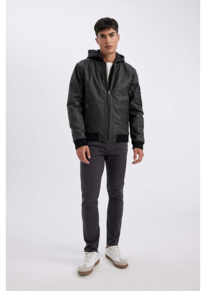 Su Geçirmez Slim Fit Dar Kesim Çıkarılabilir Kapüşonlu Fermuarlı Cepli Suni Deri Mont N9682AZ24WN