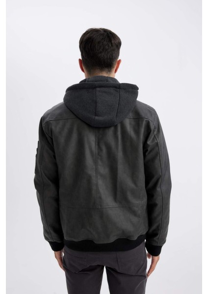 Su Geçirmez Slim Fit Dar Kesim Çıkarılabilir Kapüşonlu Fermuarlı Cepli Suni Deri Mont N9682AZ24WN
