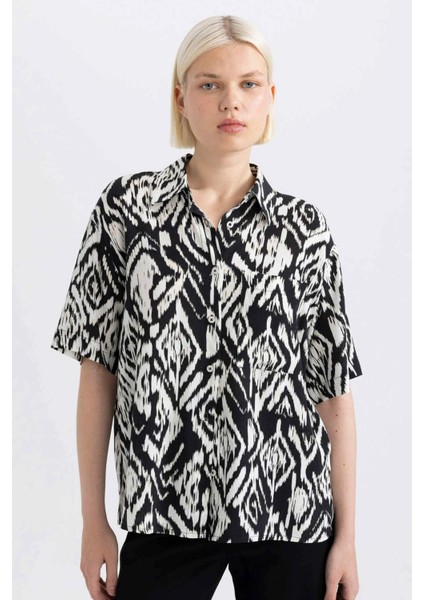 Oversize Geniş Kalıp Desenli Kısa Kollu Gömlek C8731AX24SM