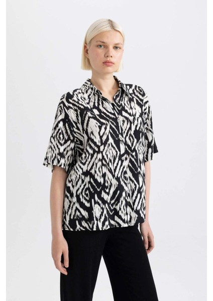 Oversize Geniş Kalıp Desenli Kısa Kollu Gömlek C8731AX24SM