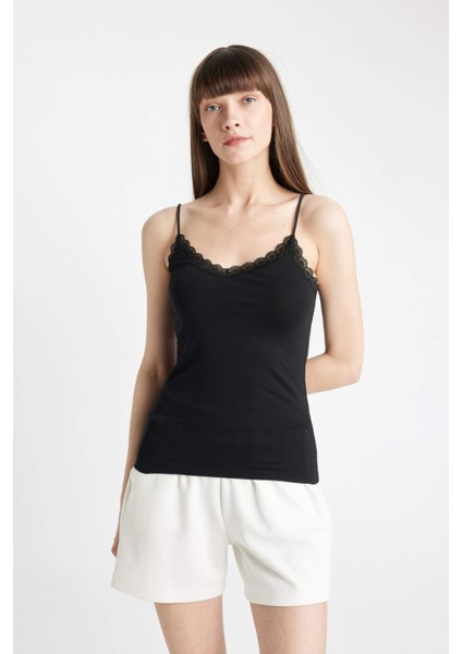 Dantel Detaylı İnce Askılı Pamuklu Siyah İç Atlet-Fall in Love Y5360AZ24AU