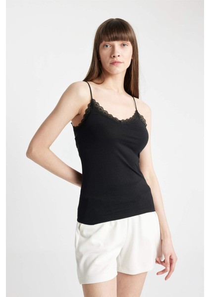 Dantel Detaylı İnce Askılı Pamuklu Siyah İç Atlet-Fall in Love Y5360AZ24AU