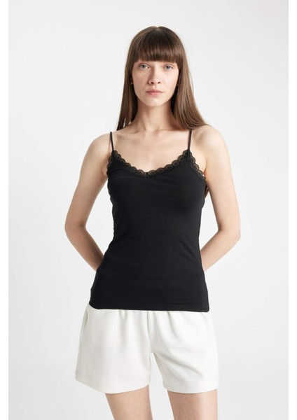 Dantel Detaylı İnce Askılı Pamuklu Siyah İç Atlet-Fall in Love Y5360AZ24AU