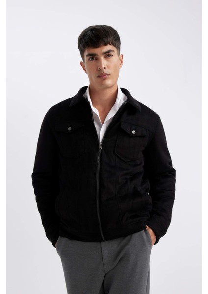 Slim Fit Dar Kesim Gömlek Yaka Fermuarlı Süet Ceket Mont A3254AX24AU