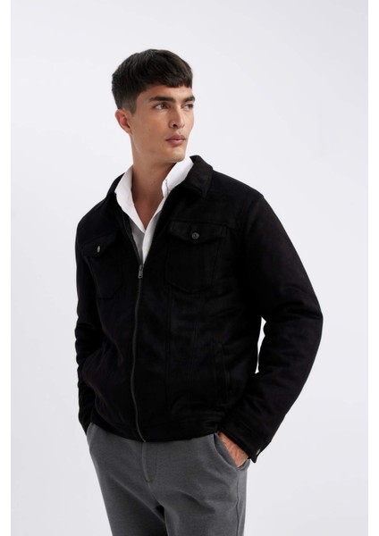 Slim Fit Dar Kesim Gömlek Yaka Fermuarlı Süet Ceket Mont A3254AX24AU