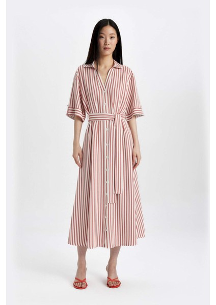 Gömlek Yaka Çizgili Kuşaklı Keten Kısa Kollu Midi Elbise C8638AX24SM