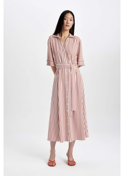 Gömlek Yaka Çizgili Kuşaklı Keten Kısa Kollu Midi Elbise C8638AX24SM